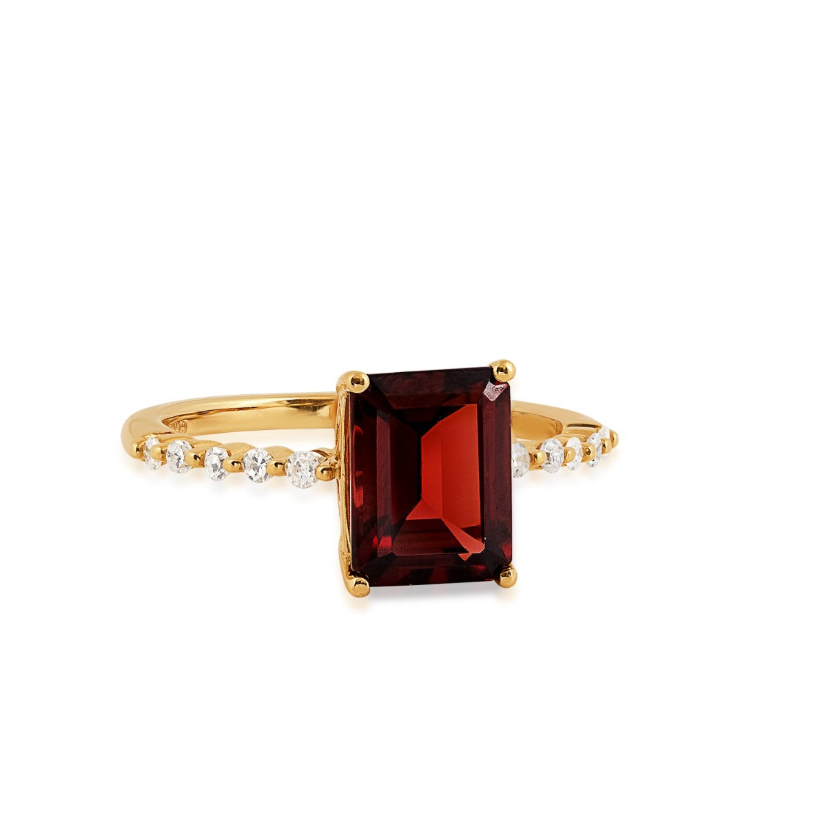 Emerald Cut Garnet & 1/6 ct. tw. Diamond Ring in 10K Yellow Gold close-up detail