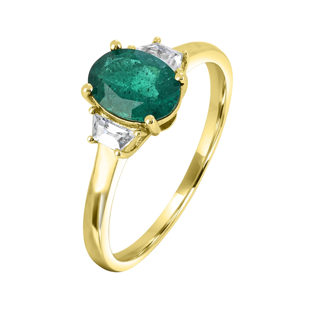 Oval Emerald & Created White Sapphire Ring in 14K Yellow Gold front view