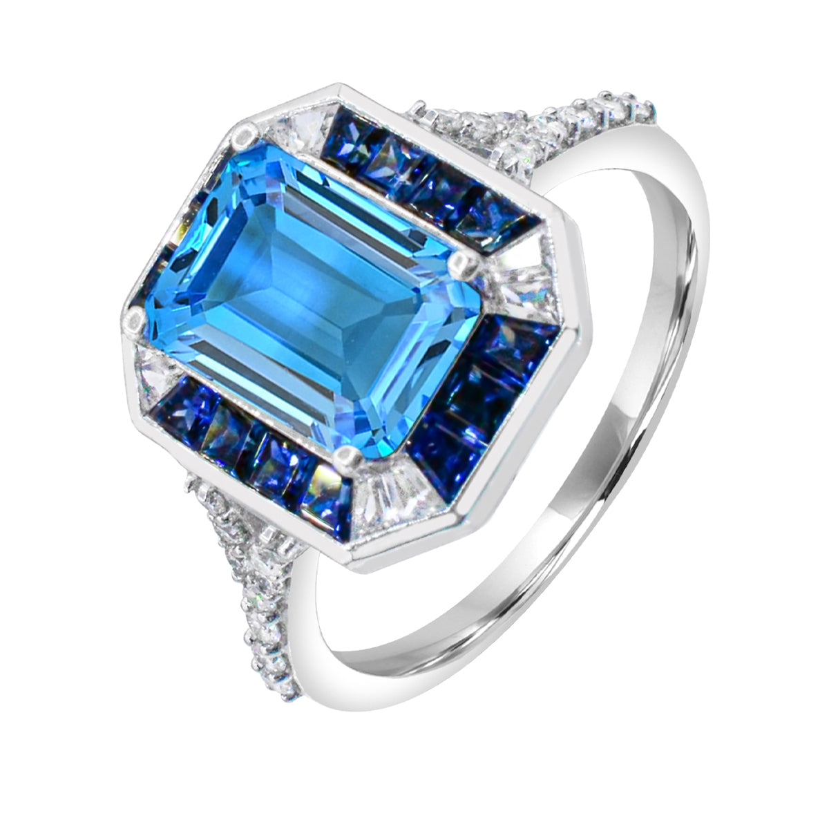Emerald Cut Swiss Blue Topaz, Sapphire & 1/6 ct. tw. Diamond Halo Ring in 14K White Gold front view