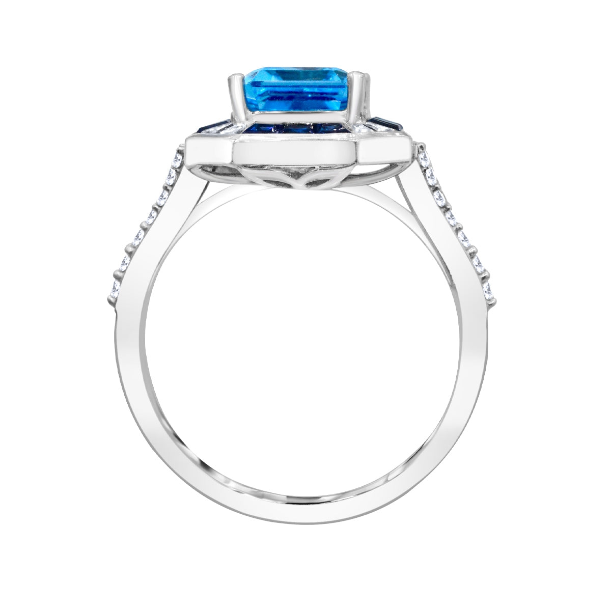 Emerald Cut Swiss Blue Topaz, Sapphire & 1/6 ct. tw. Diamond Halo Ring in 14K White Gold close-up detail