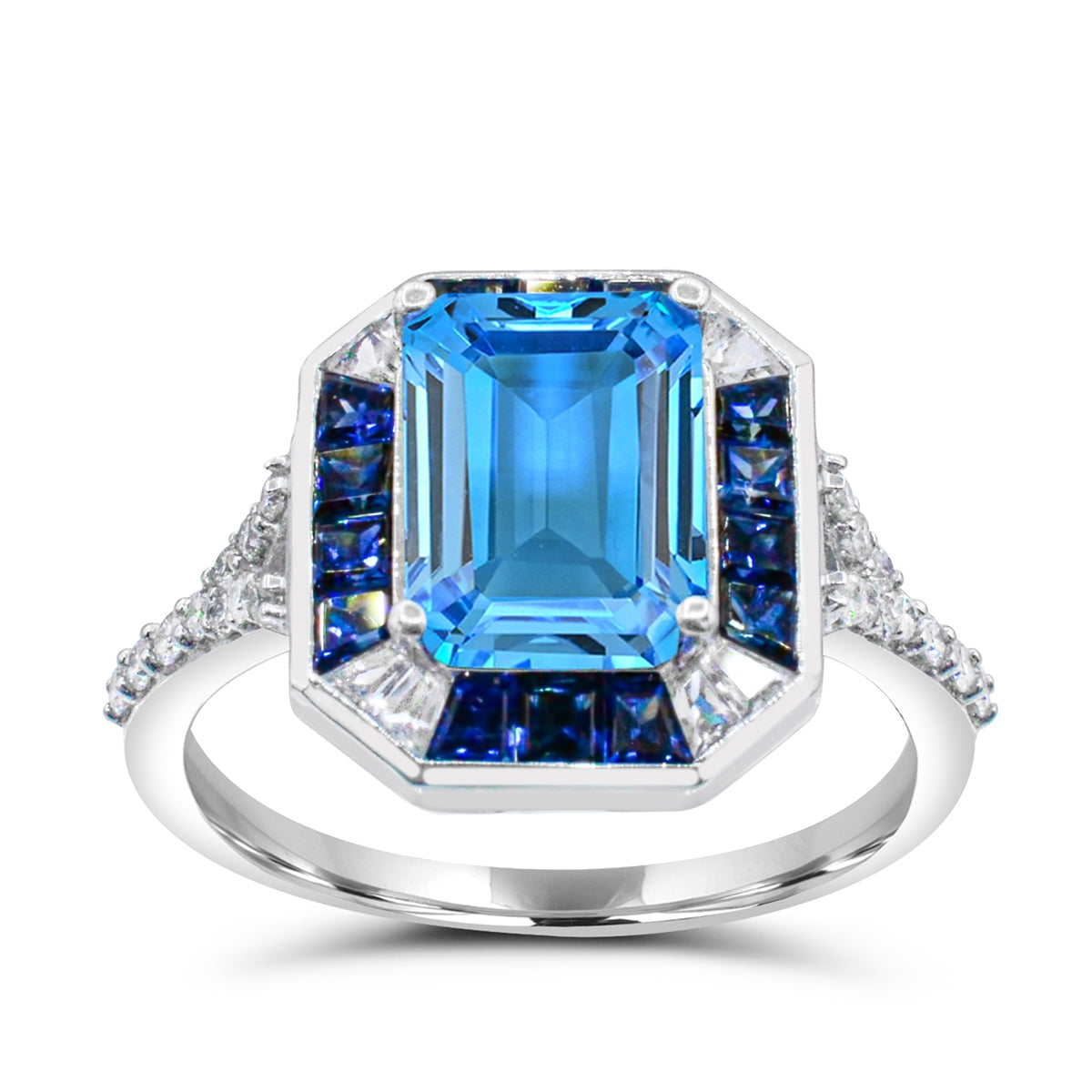 Emerald Cut Swiss Blue Topaz, Sapphire & 1/6 ct. tw. Diamond Halo Ring in 14K White Gold