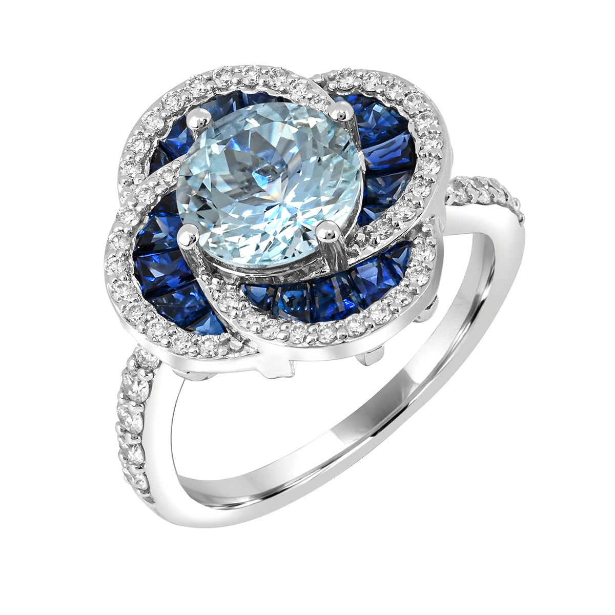 Round Aquamarine, Sapphire & 1/3 ct. tw. Diamond Floral Ring in 14K White Gold front view