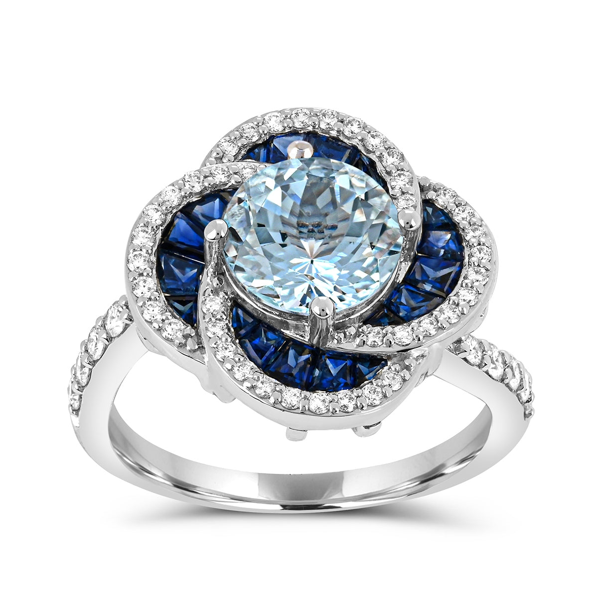 Round Aquamarine, Sapphire & 1/3 ct. tw. Diamond Floral Ring in 14K White Gold