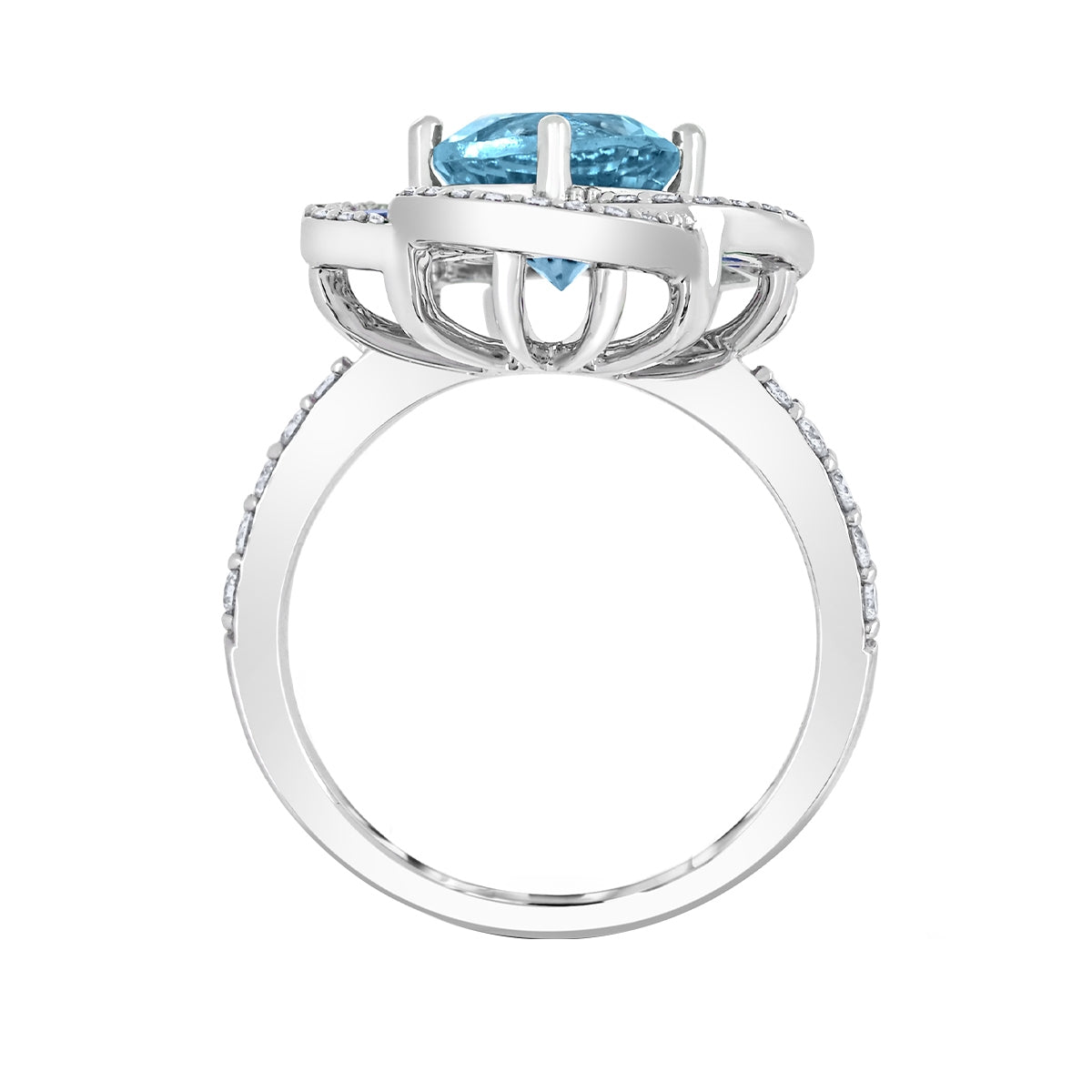Round Aquamarine, Sapphire & 1/3 ct. tw. Diamond Floral Ring in 14K White Gold close-up detail