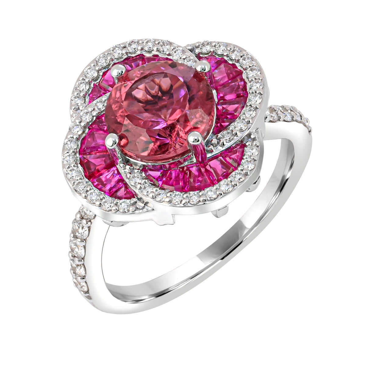 Round Pink Tourmaline, Ruby & 1/3 ct. tw. Diamond Floral Ring in 14K White Gold front view