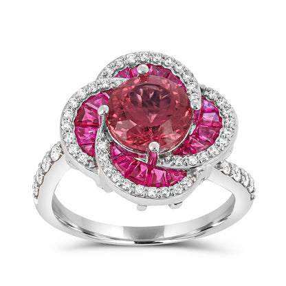 Round Pink Tourmaline, Ruby & 1/3 ct. tw. Diamond Floral Ring in 14K White Gold