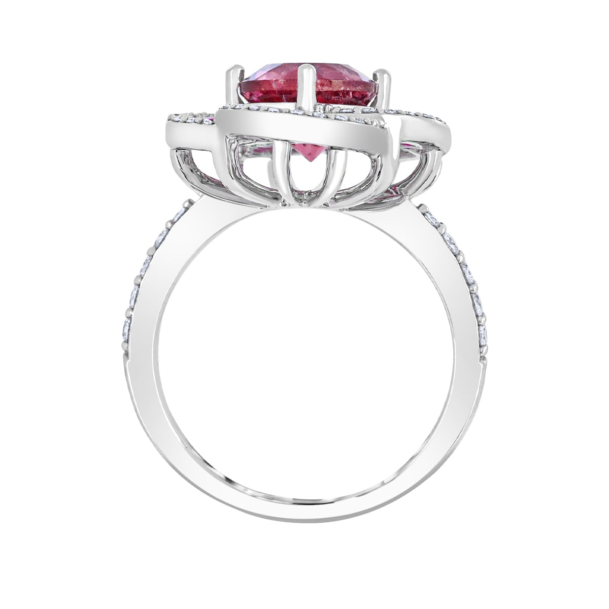 Round Pink Tourmaline, Ruby & 1/3 ct. tw. Diamond Floral Ring in 14K White Gold close-up detail