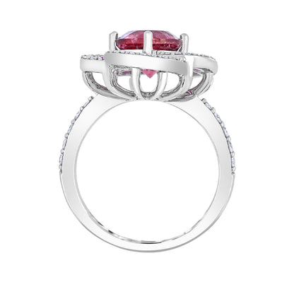 Round Pink Tourmaline, Ruby & 1/3 ct. tw. Diamond Floral Ring in 14K White Gold close-up detail