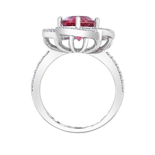 Round Pink Tourmaline, Ruby & 1/3 ct. tw. Diamond Floral Ring in 14K White Gold close-up detail