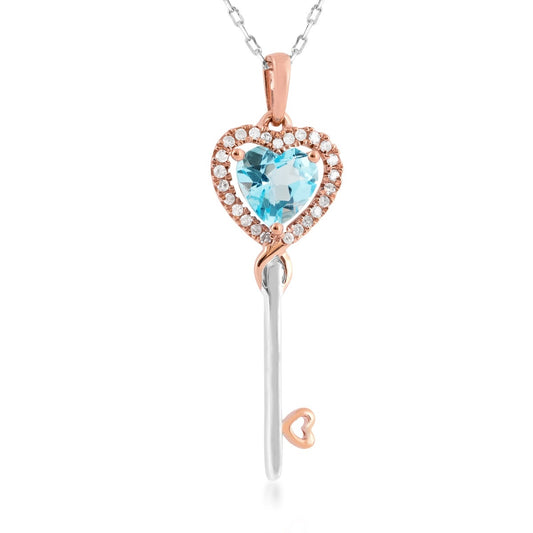 Infinite Love Heart Swiss Blue Topaz & 1/10 ct. tw. Diamond Key Pendant in Sterling Silver & 10K Pink Gold
