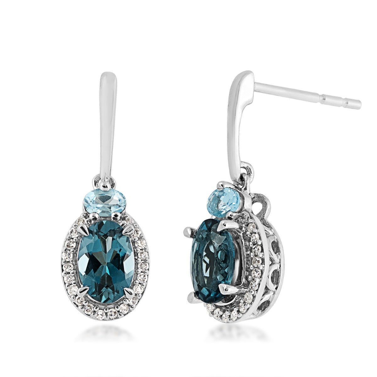 Oval London & Swiss Blue Topaz & Diamond Accent Halo Drop Earrings in 10K White Gold