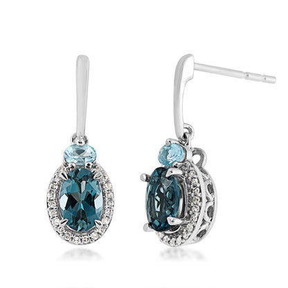 Oval London & Swiss Blue Topaz & Diamond Accent Halo Drop Earrings in 10K White Gold