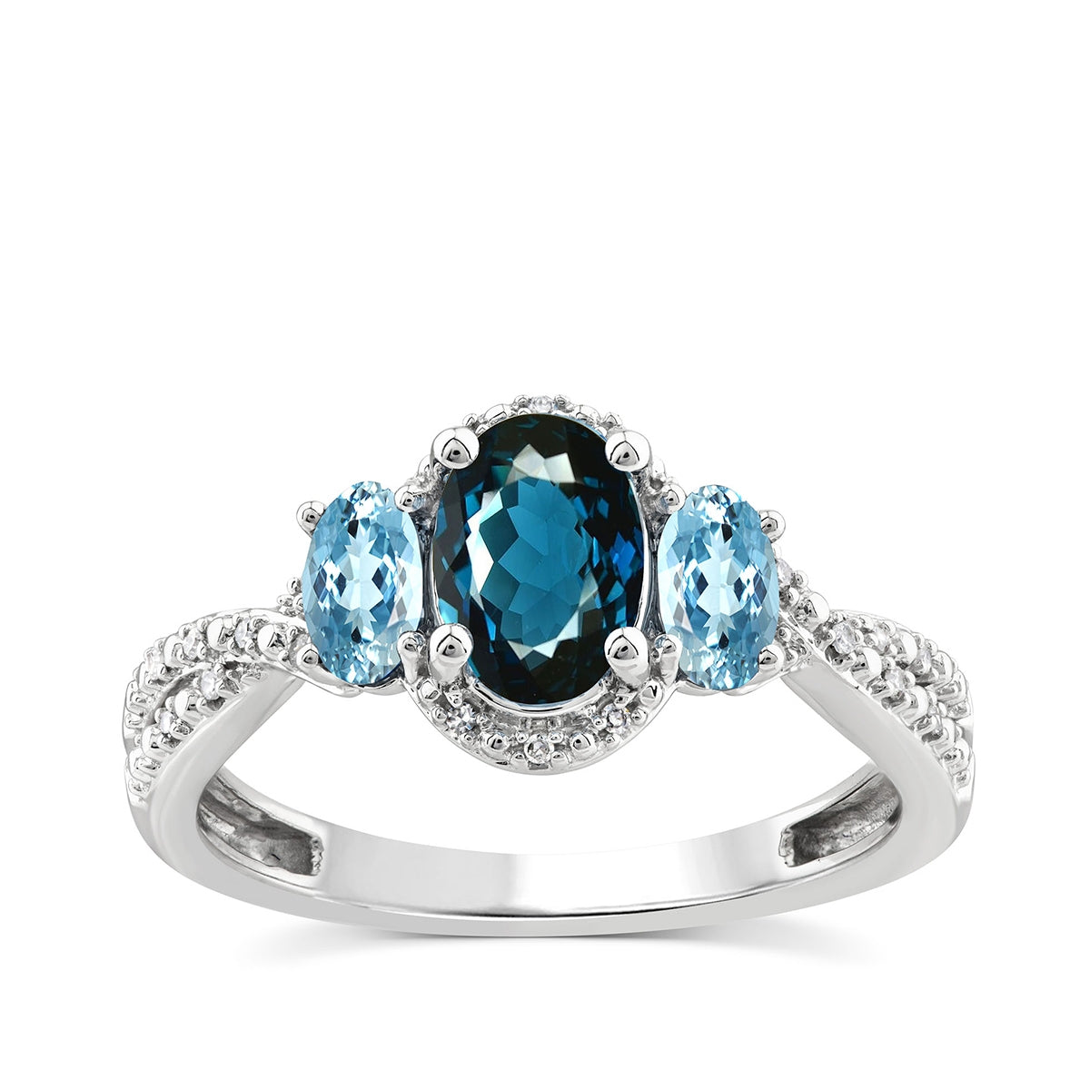 3-Stone Oval London & Swiss Blue Topaz & Diamond Accent Halo Ring in 10K White Gold