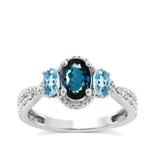 3-Stone Oval London & Swiss Blue Topaz & Diamond Accent Halo Ring in 10K White Gold