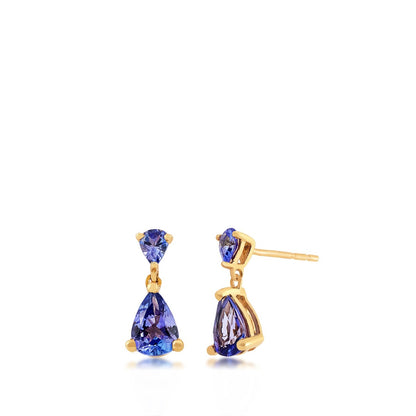 Double Pear Tanzanite Drop Earrings in 10K Yellow Gold