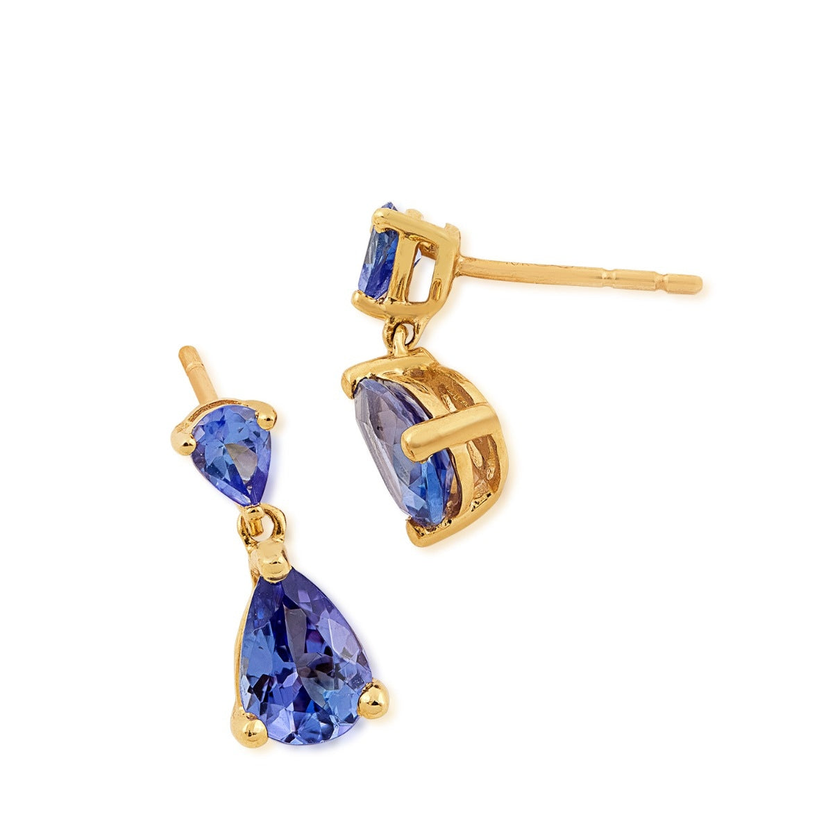 Double Pear Tanzanite Drop Earrings in 10K Yellow Gold front view