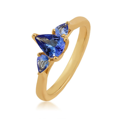 Pear Tanzanite 3-Stone Ring in 10K Yellow Gold front view