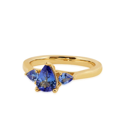 Pear Tanzanite 3-Stone Ring in 10K Yellow Gold close-up detail