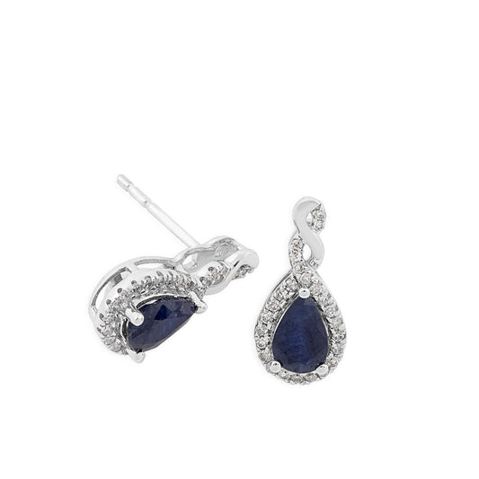 Infinite Love Pear Sapphire & 1/10 ct. tw. Diamond Halo Twist Earrings in 10K White Gold front view