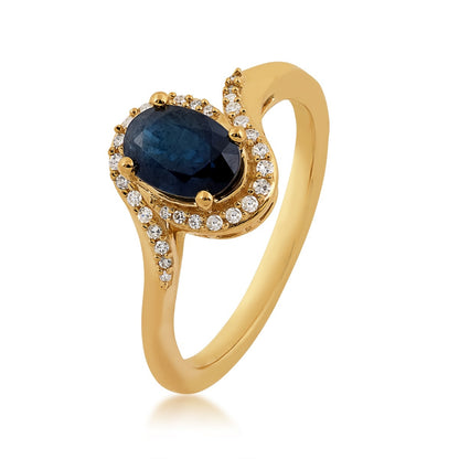 Oval Sapphire & 1/10 ct. tw. Diamond Bypass Halo Ring in 10K Yellow Gold front view