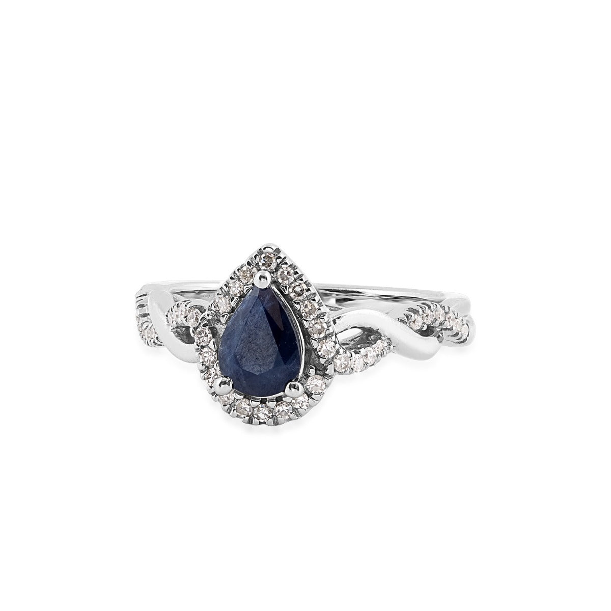 Infinite Love Pear Sapphire & 1/5 ct. tw. Diamond Halo Twist Ring in 10K White Gold close-up detail