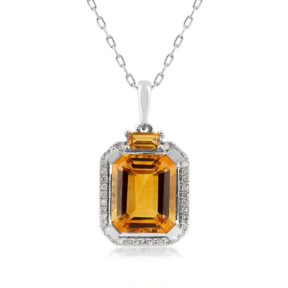 Emerald Cut Madeira Citrine & 1/10 ct. tw. Diamond Halo Pendant with Baguette Citrine Accent in 10K White Gold