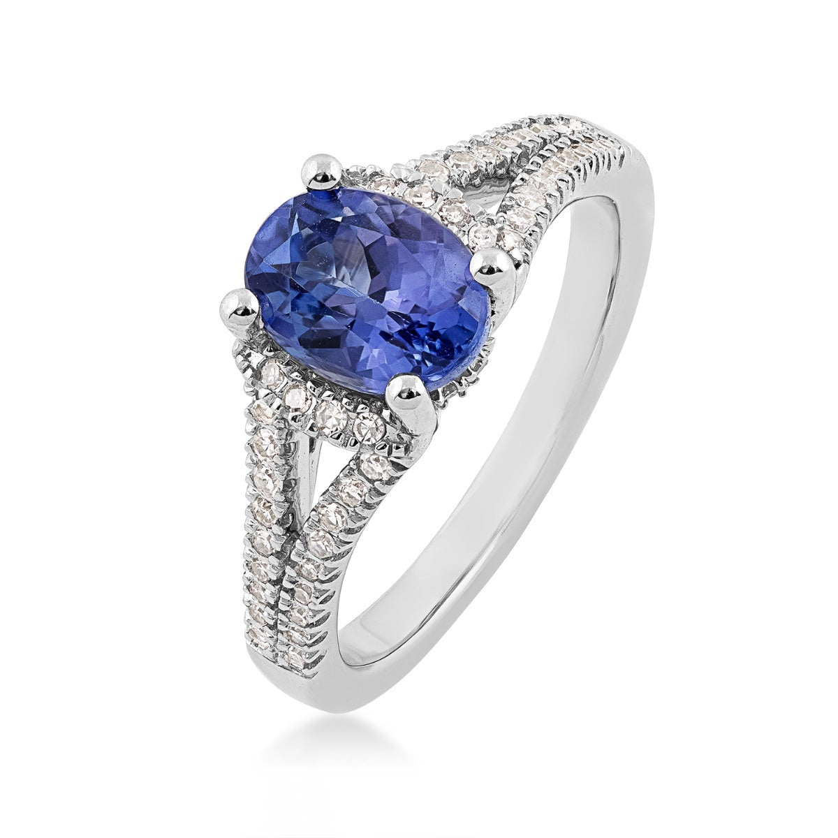 Oval Tanzanite & 1/4 ct. tw. Diamond Split Shank Ring in 10K White Gold front view