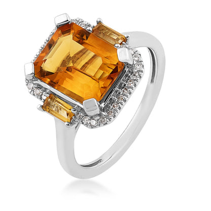 Emerald Cut Madeira Citrine & 1/10 ct. tw. Diamond Halo Ring with Baguette Citrine Accents in 10K White Gold front view