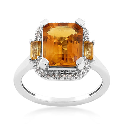 Emerald Cut Madeira Citrine & 1/10 ct. tw. Diamond Halo Ring with Baguette Citrine Accents in 10K White Gold