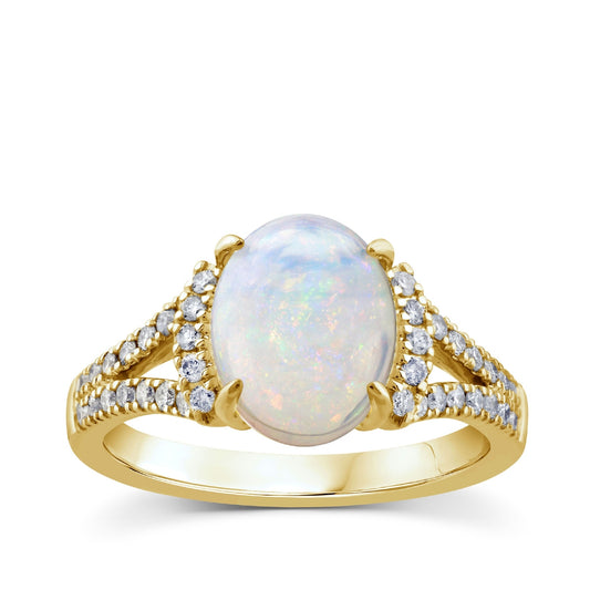 Oval Ethiopian Opal & 1/3 ct. tw. Diamond Split Shank Ring in 10K Yellow Gold