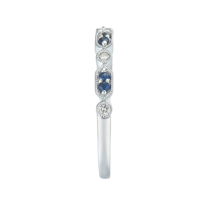 Sapphire & Diamond Accent Milgrain Stackable Ring in 10K White Gold close-up detail