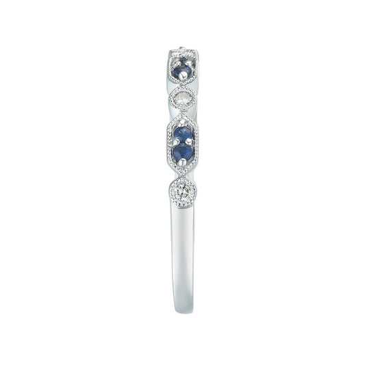 Sapphire & Diamond Accent Milgrain Stackable Ring in 10K White Gold close-up detail