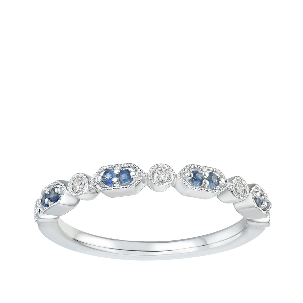 Sapphire & Diamond Accent Milgrain Stackable Ring in 10K White Gold