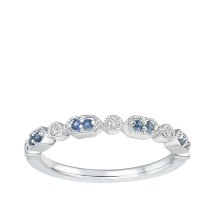 Sapphire & Diamond Accent Milgrain Stackable Ring in 10K White Gold