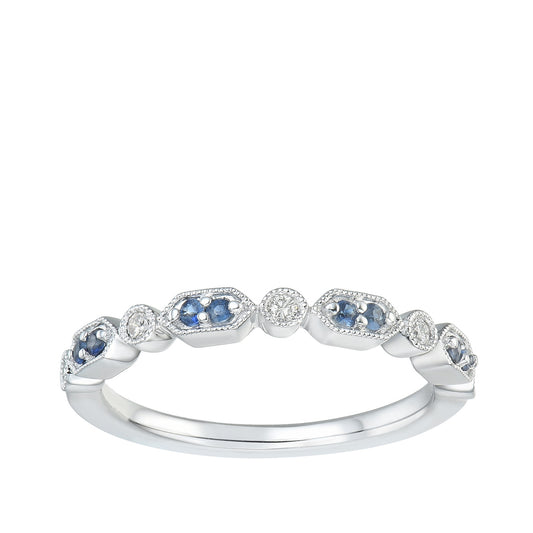 Sapphire & Diamond Accent Milgrain Stackable Ring in 10K White Gold