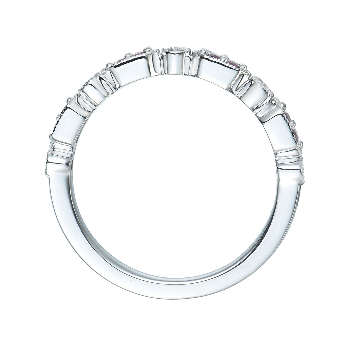 Ruby & Diamond Accent Milgrain Stackable Ring in 10K White Gold front view