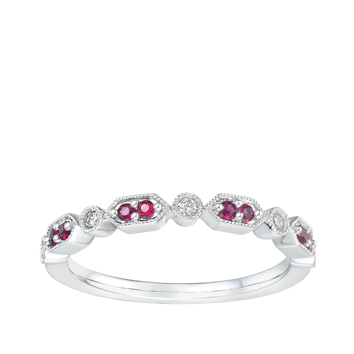 Ruby & Diamond Accent Milgrain Stackable Ring in 10K White Gold