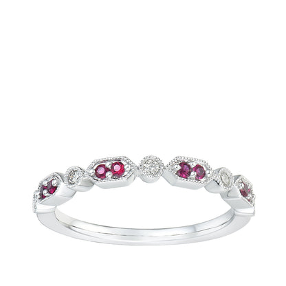 Ruby & Diamond Accent Milgrain Stackable Ring in 10K White Gold