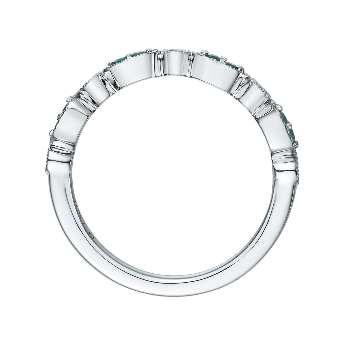 Emerald & Diamond Accent Milgrain Stackable Ring in 10K White Gold front view