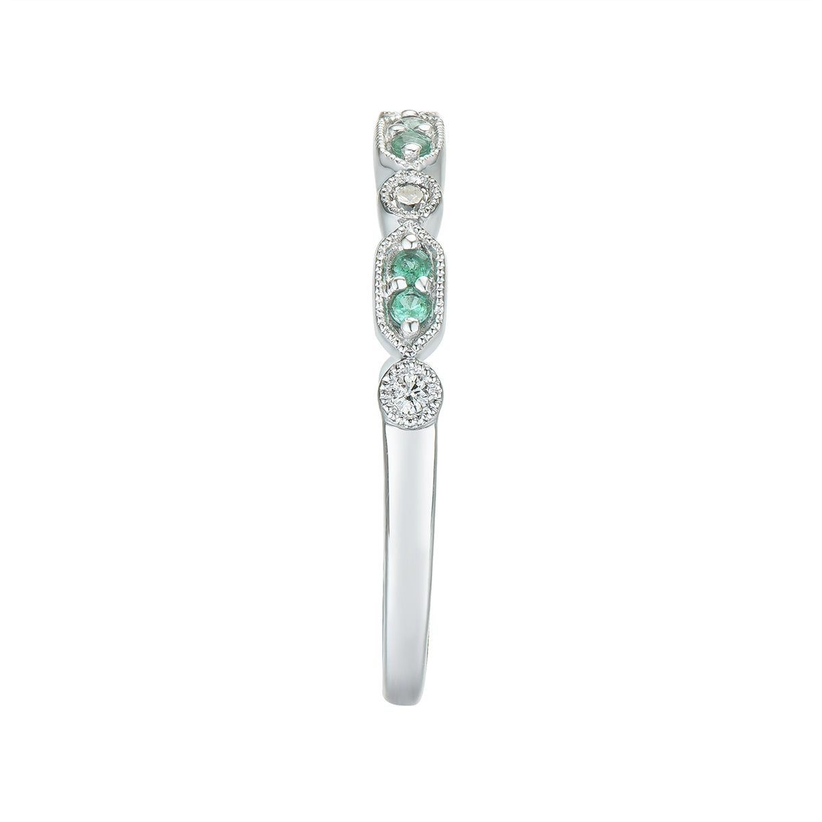 Emerald & Diamond Accent Milgrain Stackable Ring in 10K White Gold close-up detail