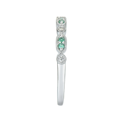 Emerald & Diamond Accent Milgrain Stackable Ring in 10K White Gold close-up detail