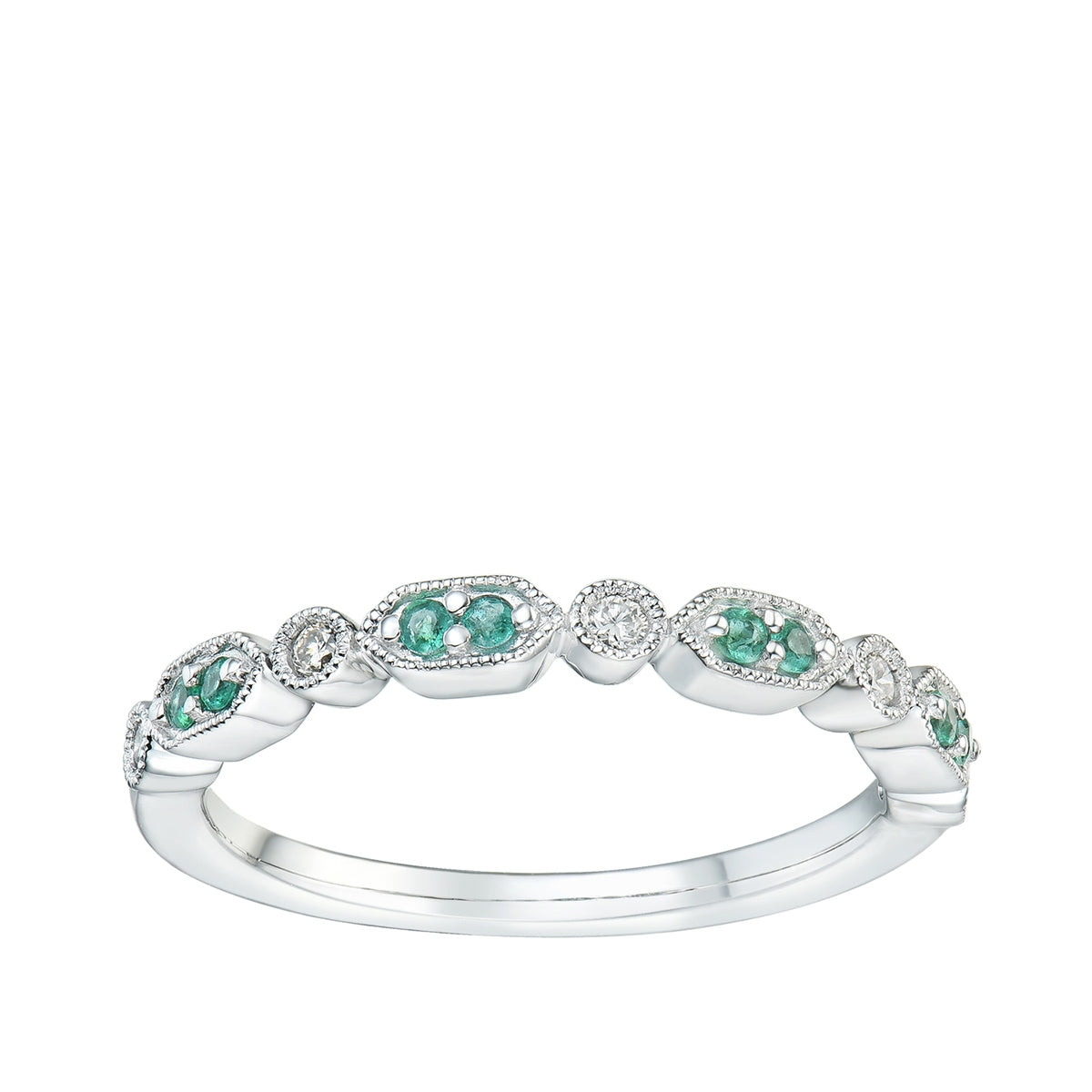 Emerald & Diamond Accent Milgrain Stackable Ring in 10K White Gold