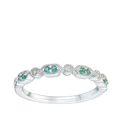 Emerald & Diamond Accent Milgrain Stackable Ring in 10K White Gold