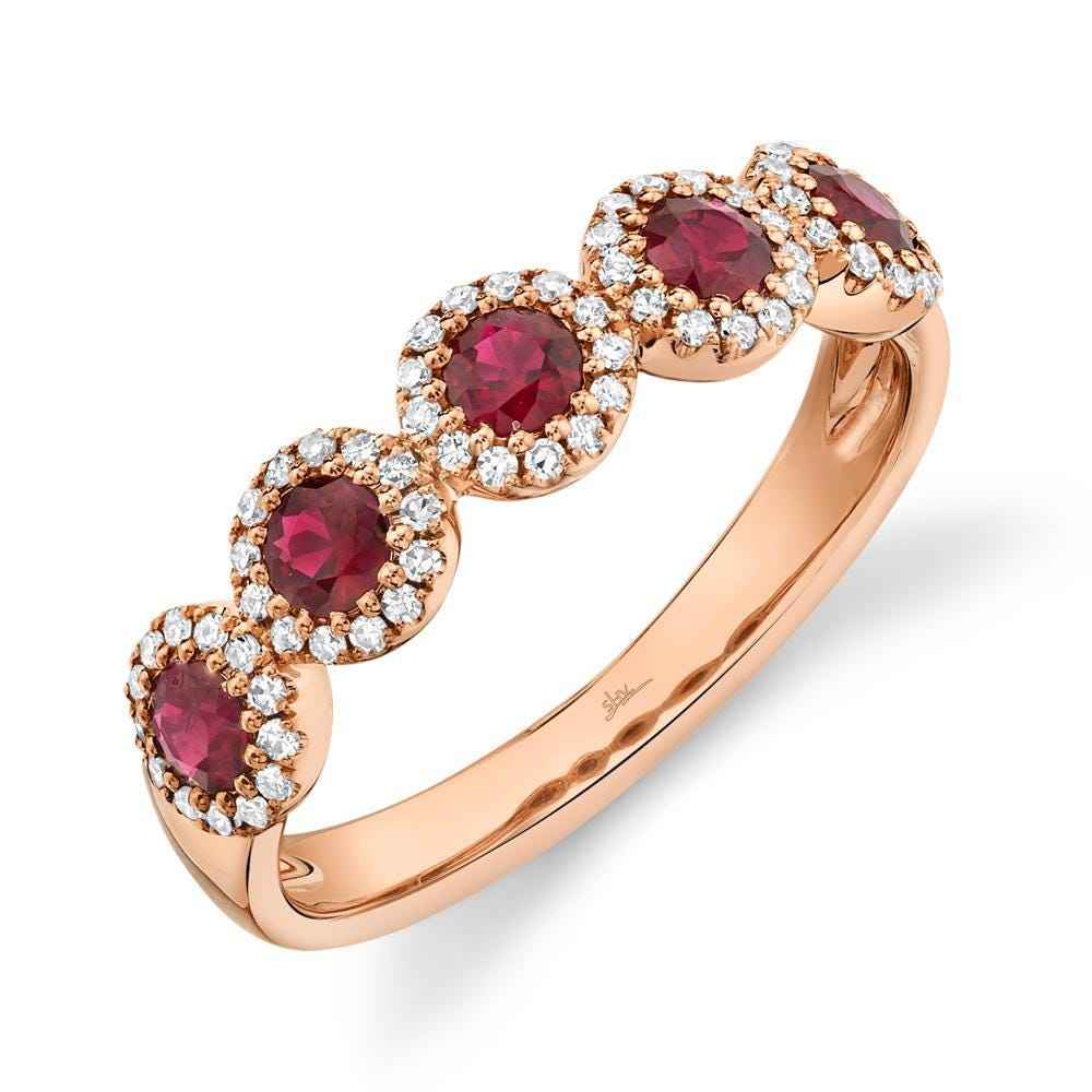 Shy Creation Ruby and 1/6 ct. tw. Round Diamond Halo Ring in 14K Pink Gold