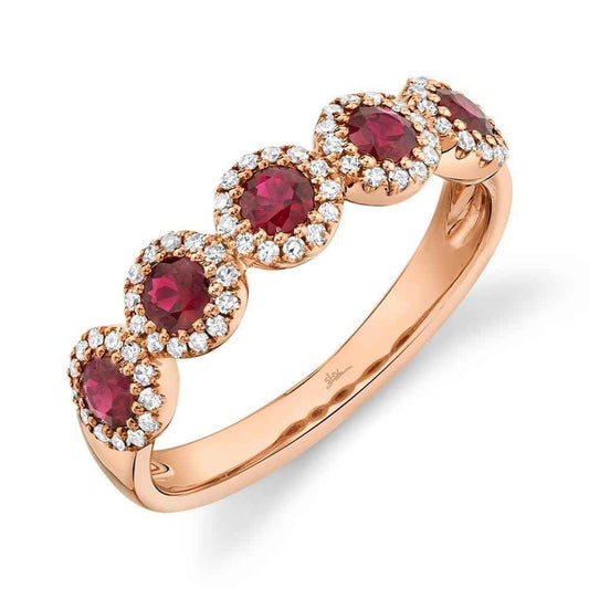 Shy Creation Ruby and 1/6 ct. tw. Round Diamond Halo Ring in 14K Pink Gold
