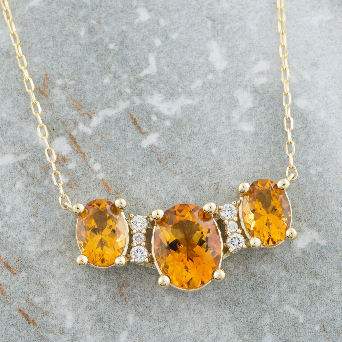 3-Stone Oval Citrine & Diamond Accent Necklace in 10K Yellow Gold front view