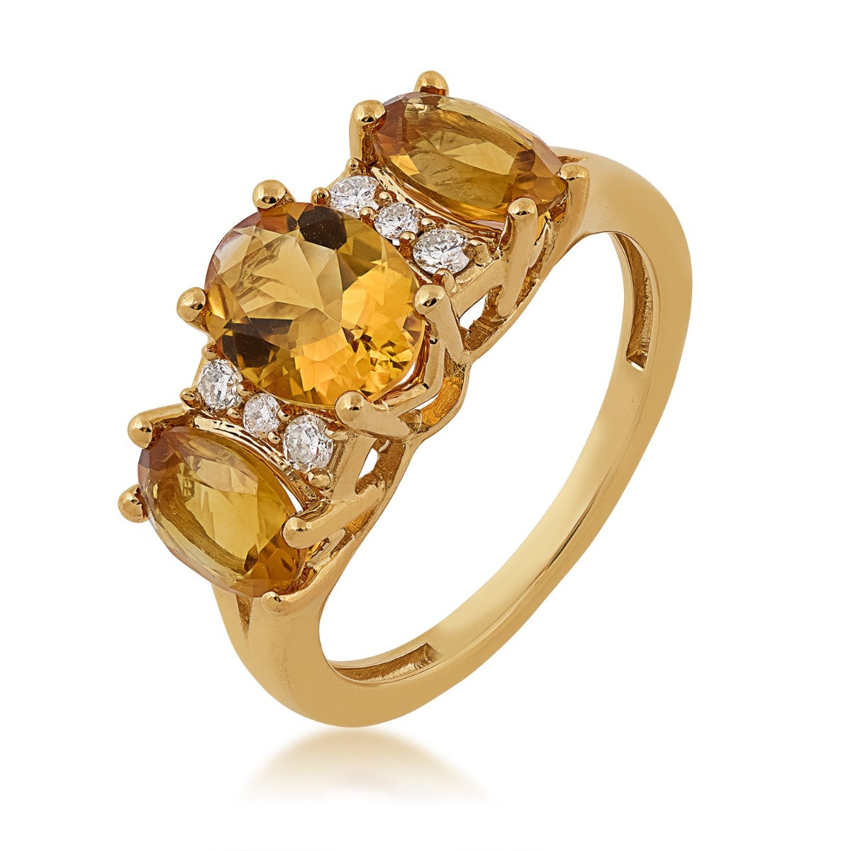 3-Stone Oval Citrine & 1/10 ct. tw. Diamond Ring in 10K Yellow Gold front view