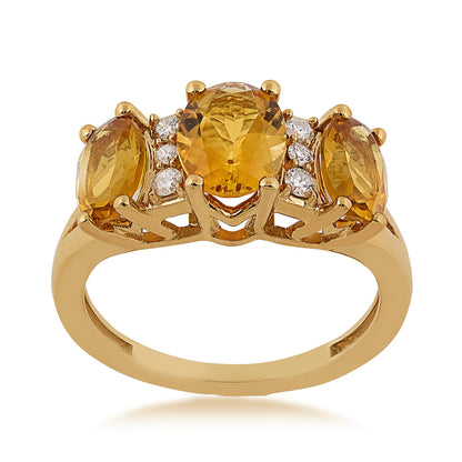 3-Stone Oval Citrine & 1/10 ct. tw. Diamond Ring in 10K Yellow Gold