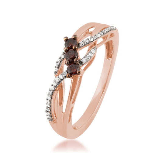 Mocha Collection 1/5 ct. tw. 3-Stone Treated Cognac & White Diamond Crossover Ring in 10K Pink Gold front view