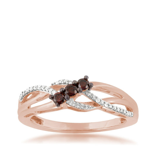 Mocha Collection 1/5 ct. tw. 3-Stone Treated Cognac & White Diamond Crossover Ring in 10K Pink Gold